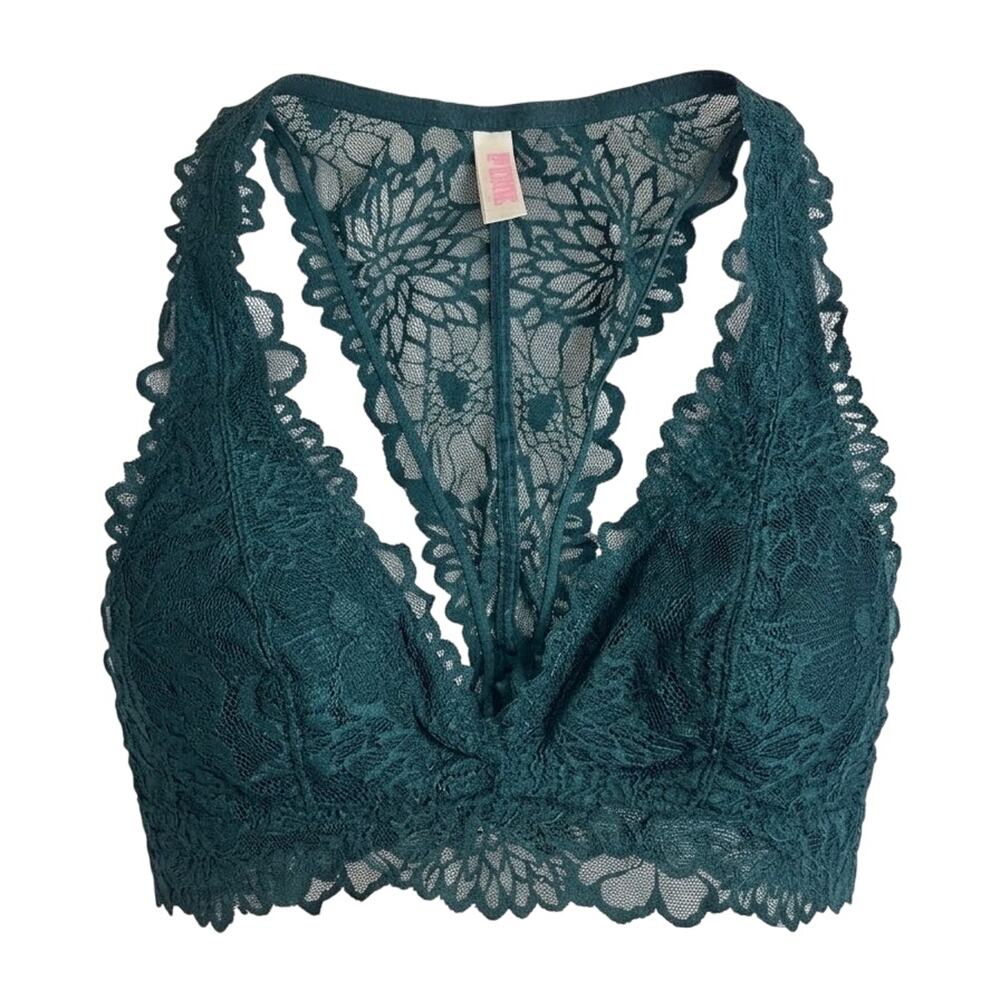 PINK Floral Lace Racerback Bralette Large Dark Green